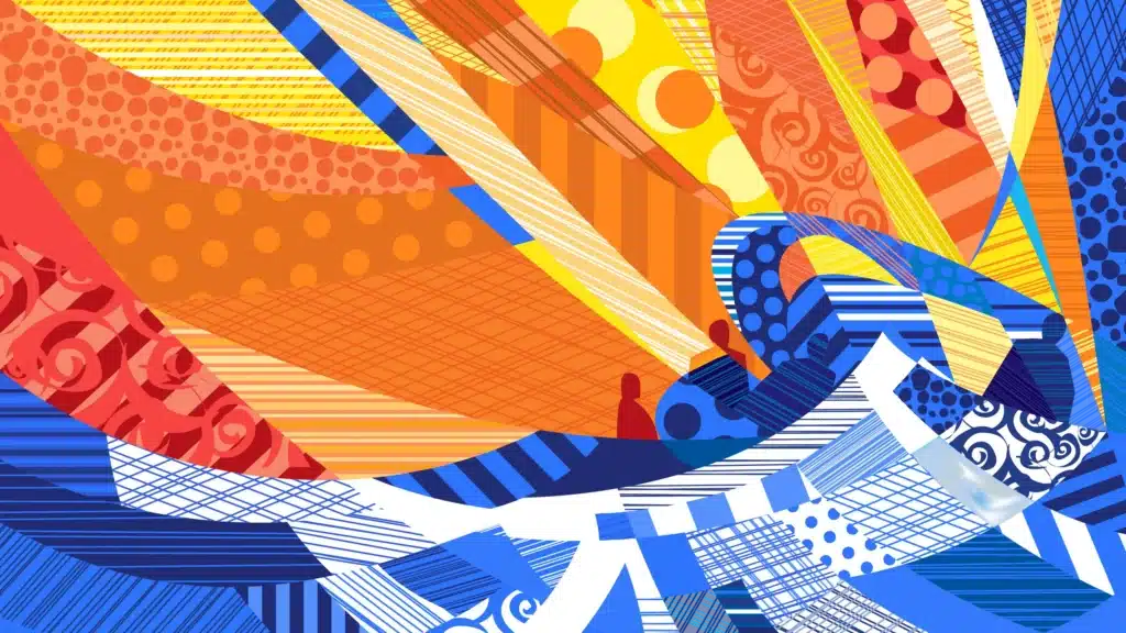 Abstract illustration for “The Siren Song of Optimization” featuring layered, flowing ribbons in vibrant red, orange, yellow, and blue with geometric patterns, symbolizing the tension and allure of constant optimization.