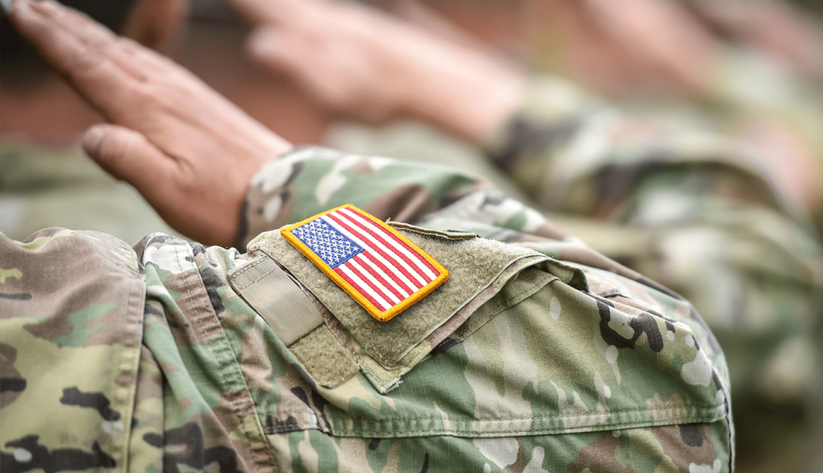 Detail shot with american flag on soldier uniform, giving the honor salute during military ceremony