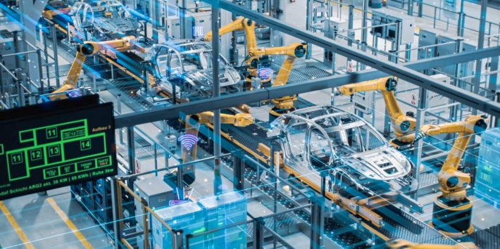 Automated Robot Arm Assembly Line Manufacturing High-Tech Electric Vehicles