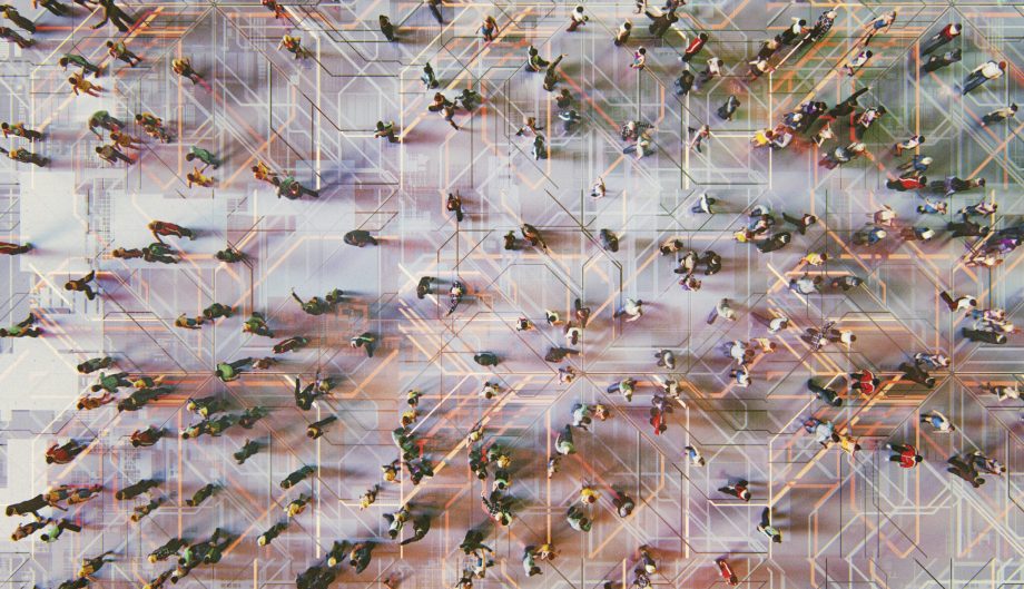 Abstract crowds of people with virtual reality street display with lines and people from birds eye view